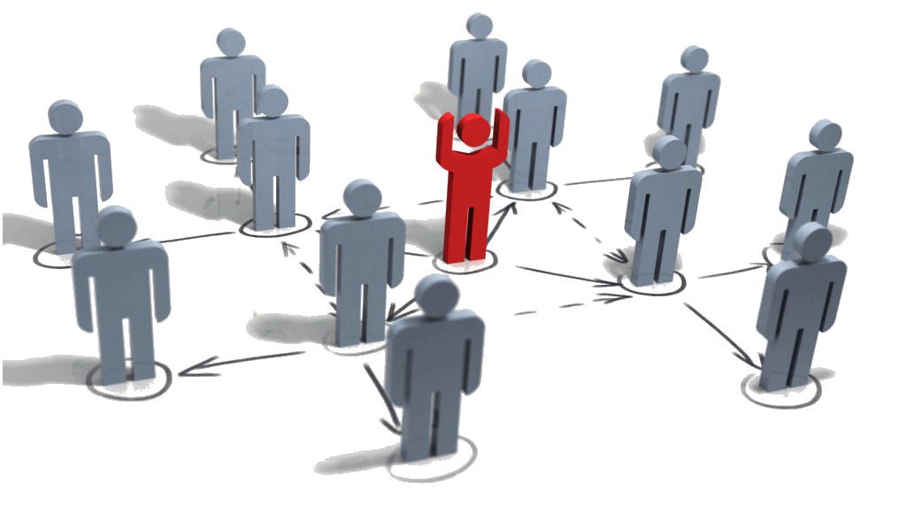 Una ilustración digital muestra una figura central roja con los brazos en alto, rodeada de figuras de palitos grises sin rostro, conectadas por flechas, que simbolizan liderazgo o enfoque. El fondo es blanco.