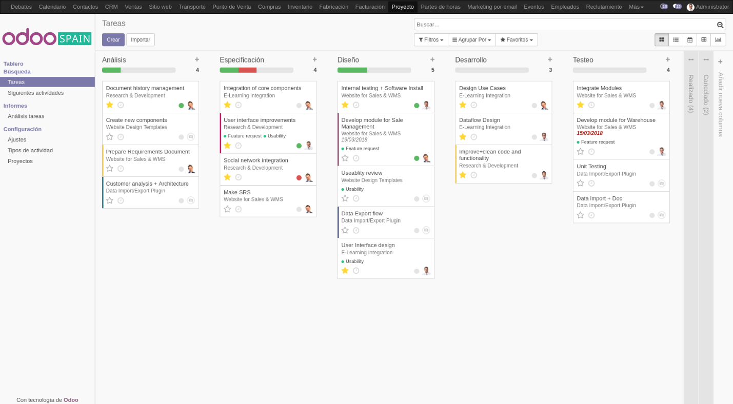 Captura de pantalla de un panel de gestión de proyectos de Odoo que muestra múltiples tareas, columnas y filtros en un diseño de tablero Kanban. La interfaz está organizada, con etiquetas claras e indicadores de estado y prioridad codificados por colores.