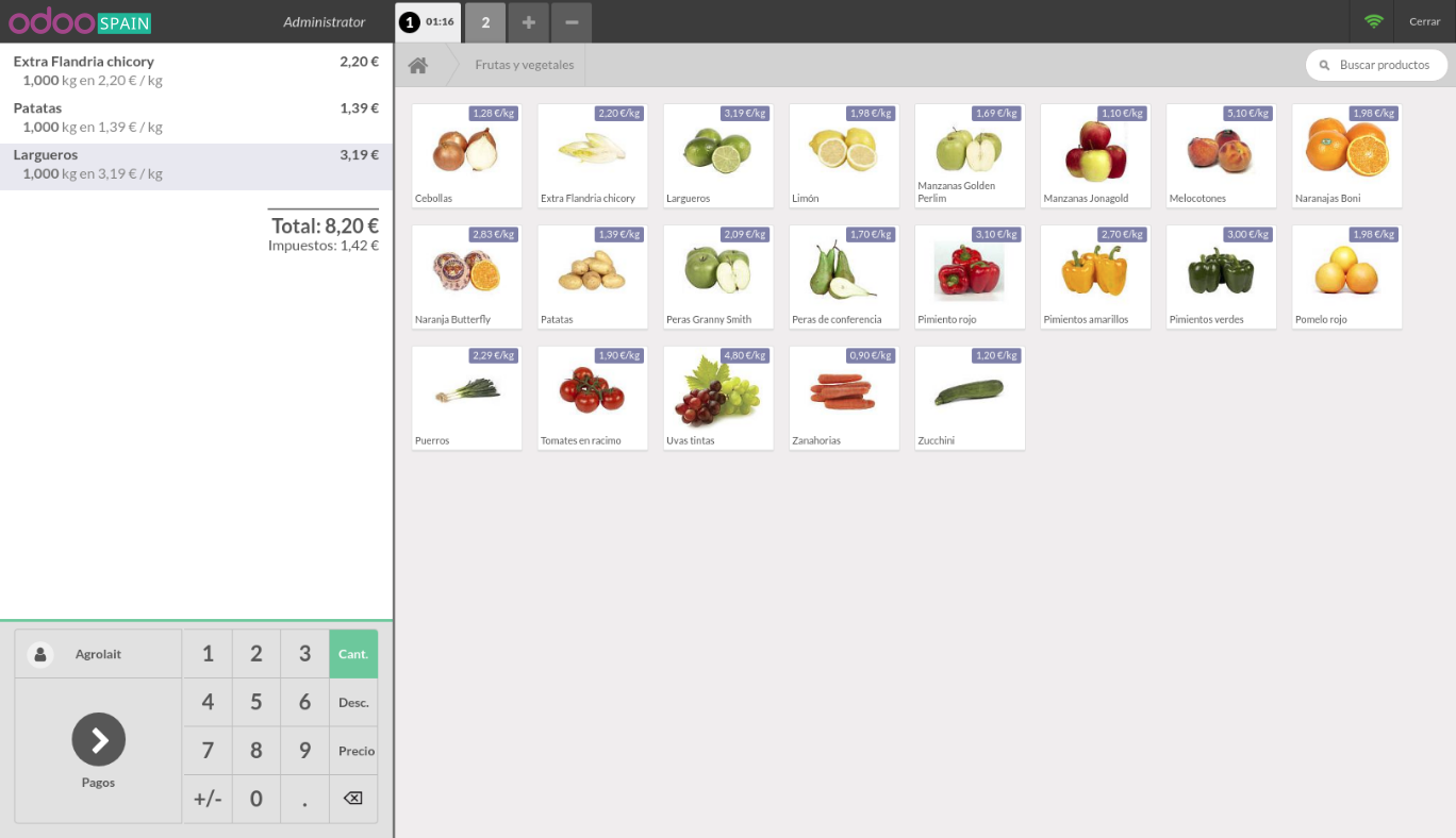 Interfaz del TPV de Odoo, mostrando una serie de productos alimenticios y sus respectivos precios.