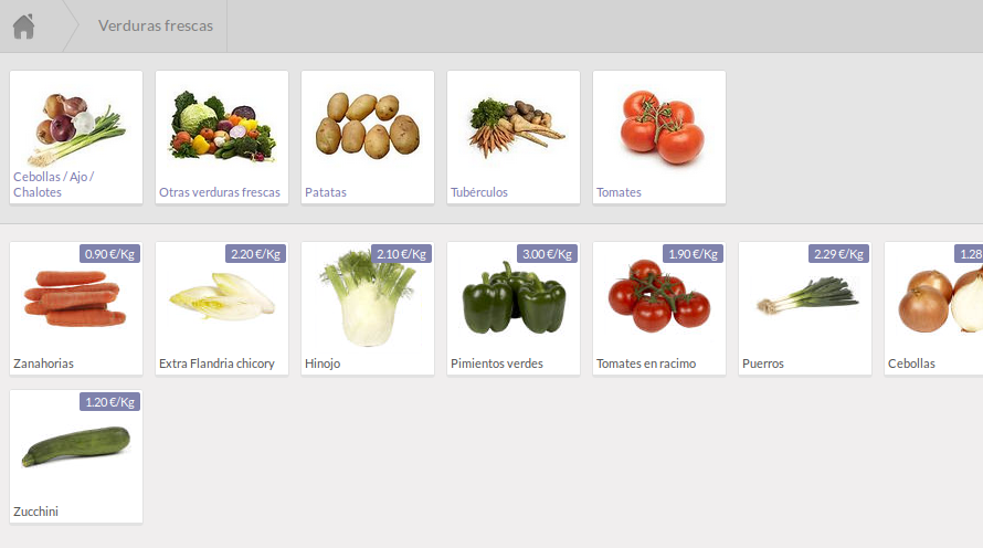 Una captura de Odoo que muestra una cuadrícula de producots de verduras con etiquetas en español, incluidas papas, remolachas, lechugas, zanahorias, puerros, pimientos, tomates, cebollas y apio.