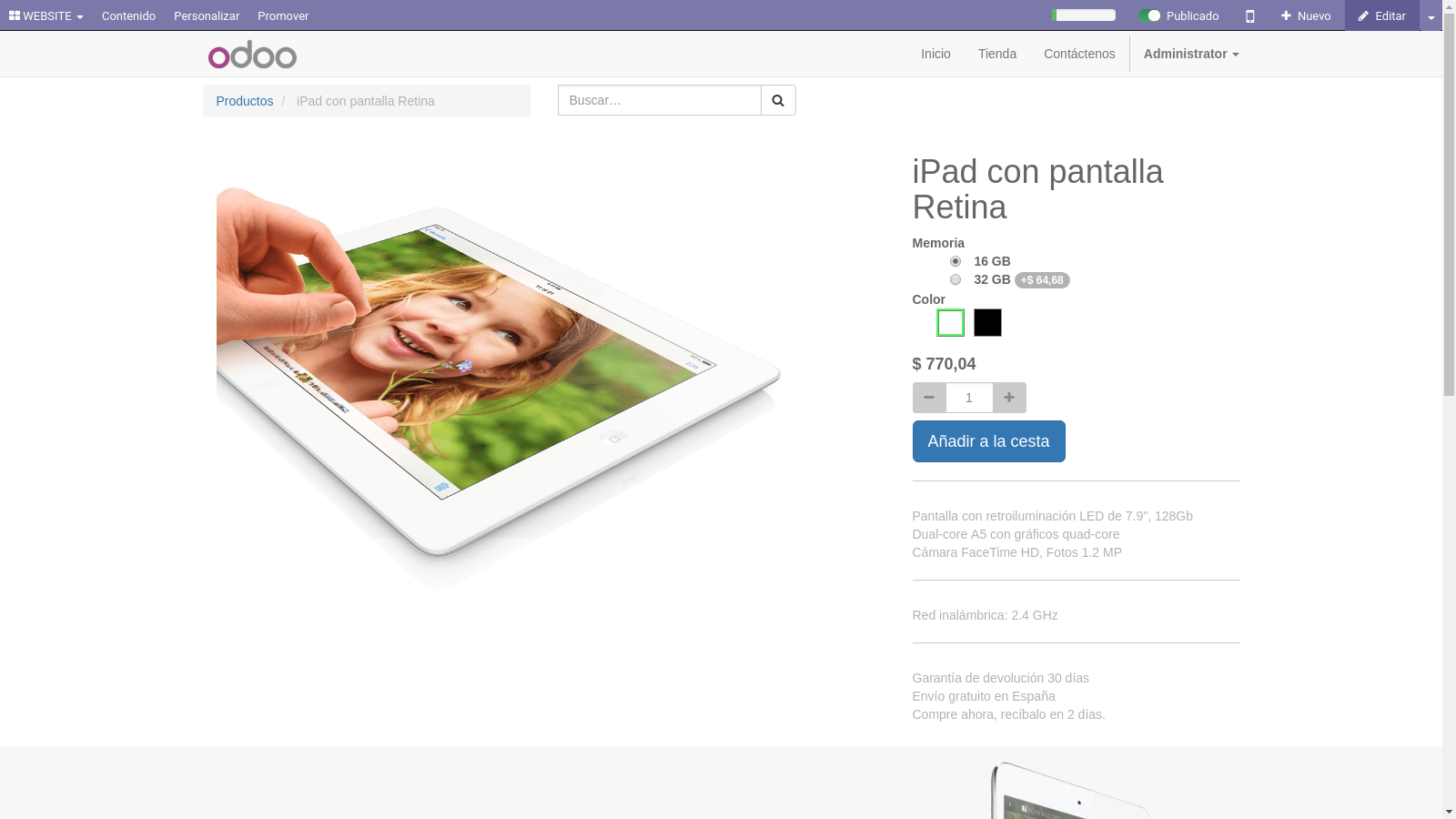 Una captura de pantalla donde se muestra un ejemplo de producto en el comercio electrónico de Odoo.