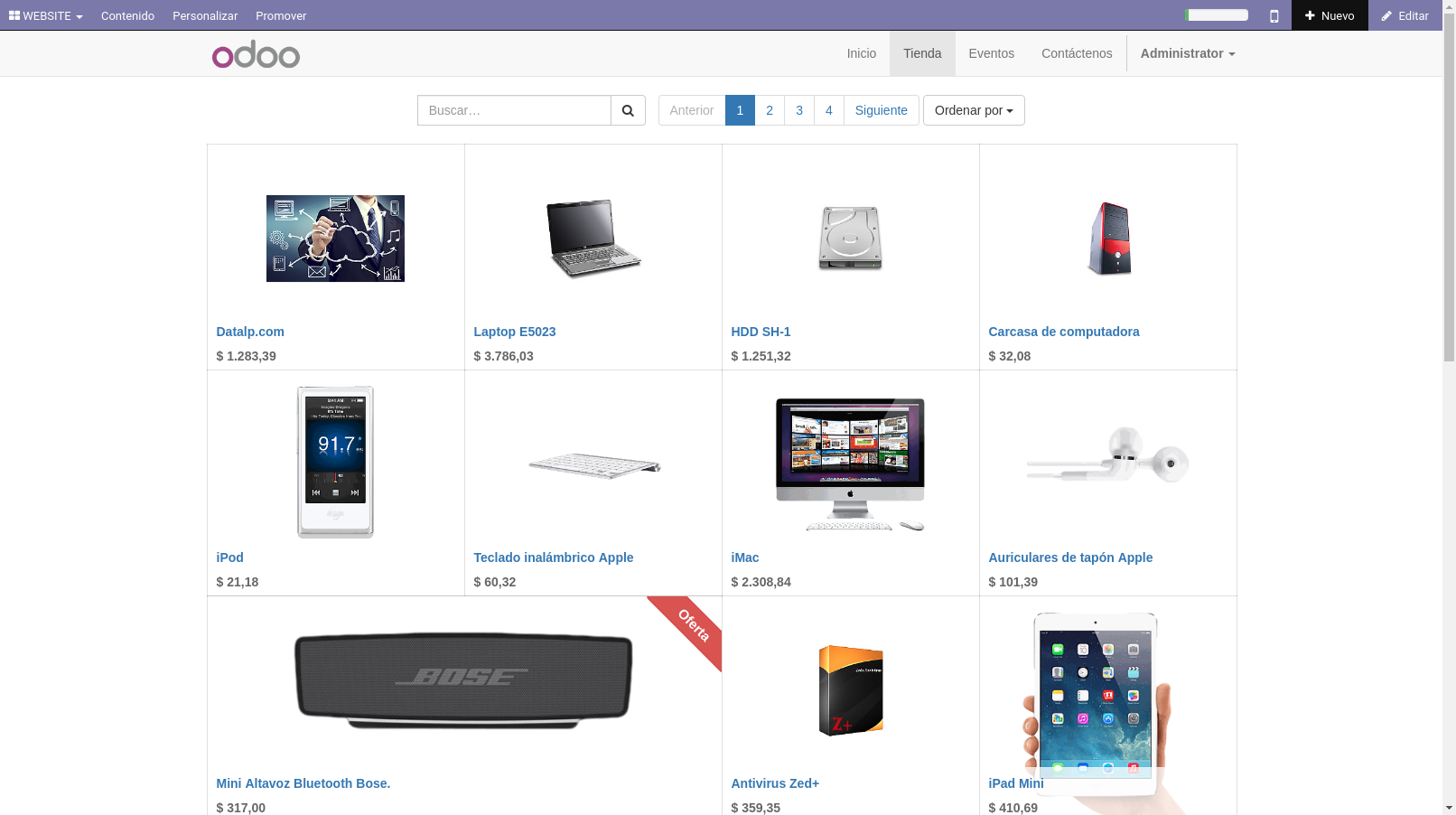 Una captura de pantalla donde se muestra la limpia interfaz de comercio electrónico de Odoo.