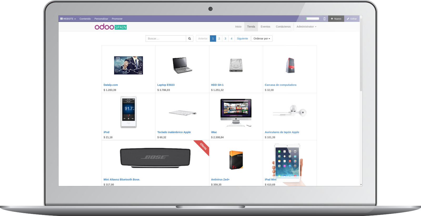 Una imagen de un ordenador donde se muestra la limpia interfaz de comercio electrónico de Odoo.