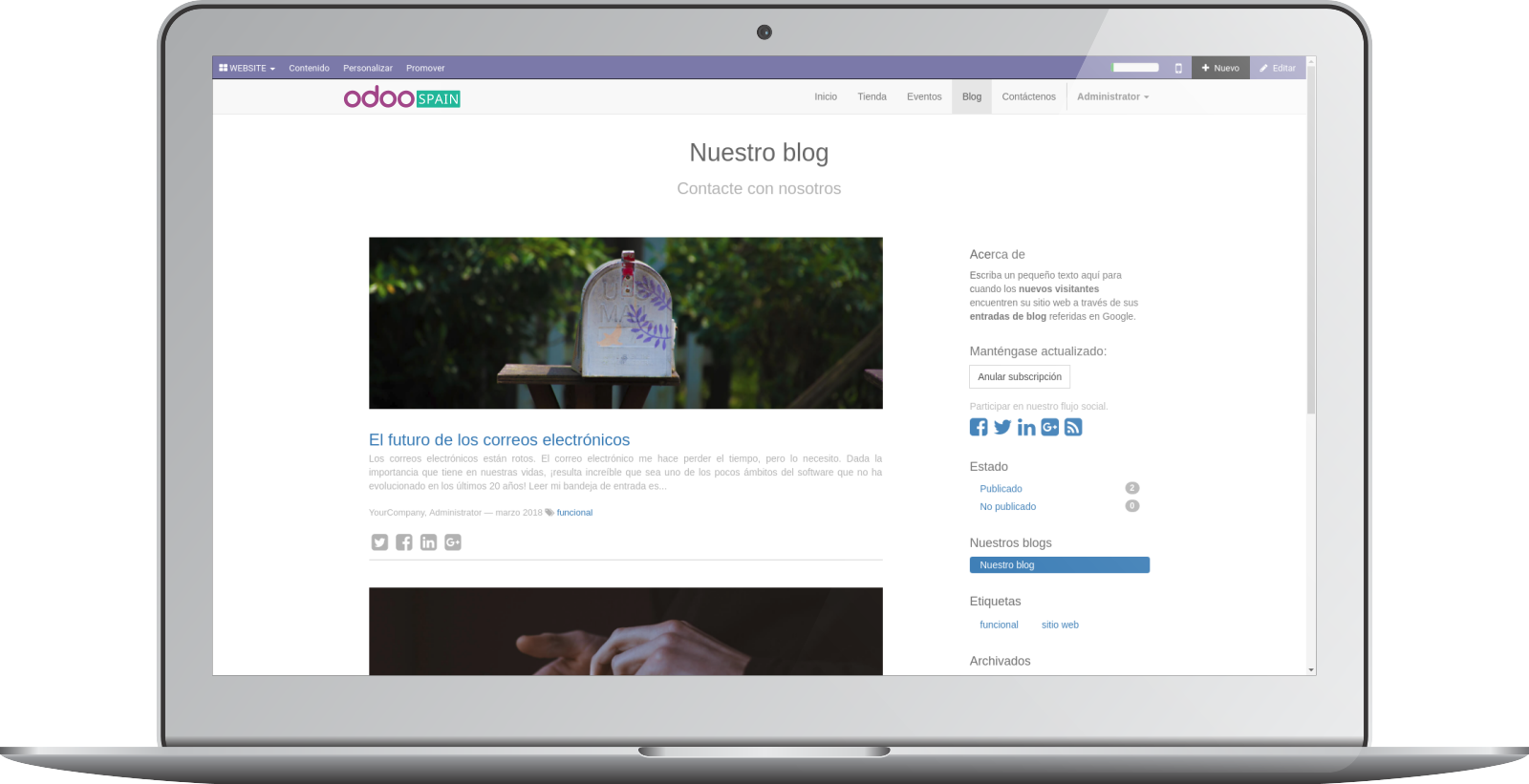 Imagen de un ordenador mostrando la interfaz de blog de Odoo.