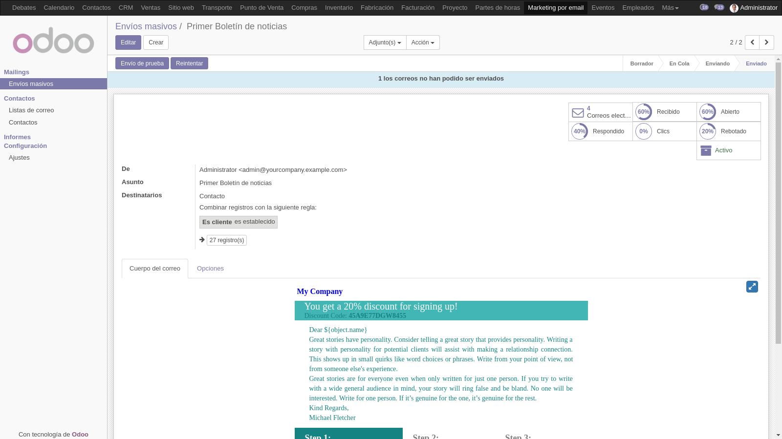 Una captura de pantalla mostrando la interfaz de envio masivo de correo de Odoo.