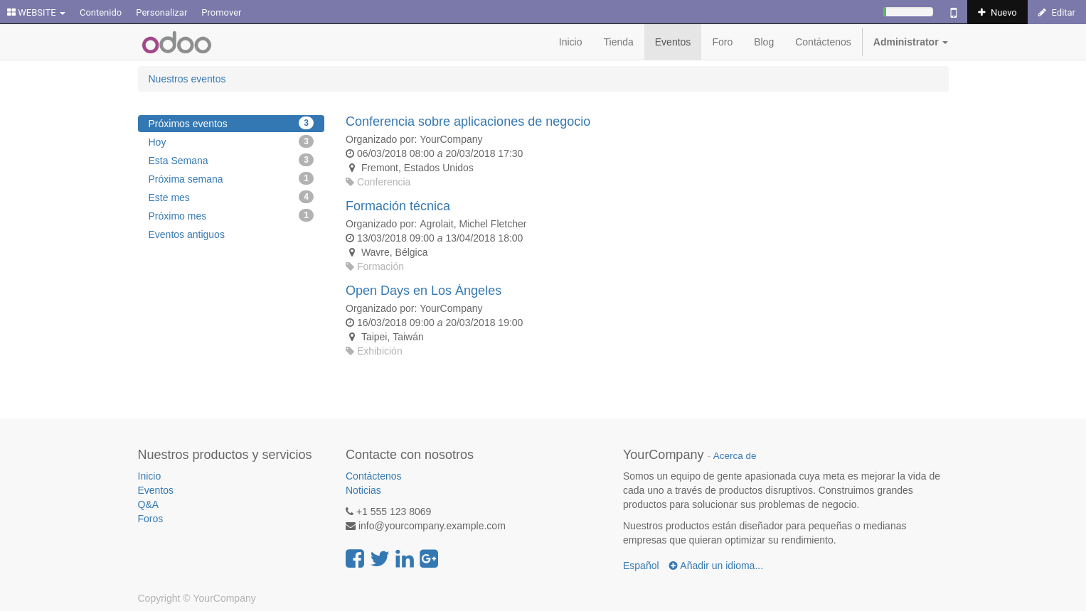 Una captura de pantalla mostrando la interfaz de gestión de eventos de Odoo.