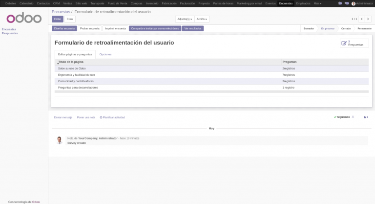 Una captura de pantalla de la interfaz de personalización de encuestas de Odoo.