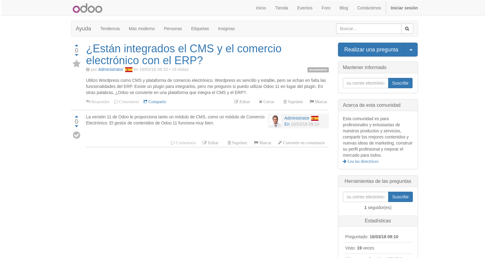 Una captura de pantalla de una publicación en Odoo.